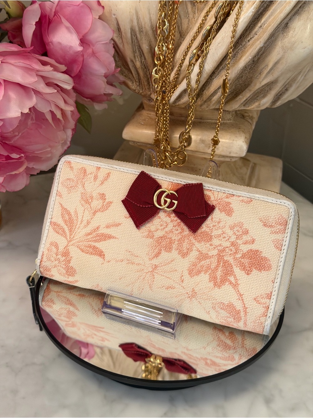 Gucci Cream Canvas Long Wallet with Coral Floral Print and Red Bow